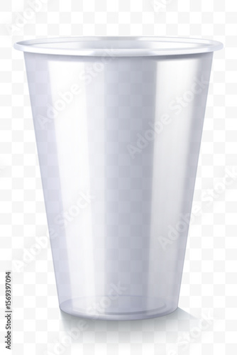 Disposable plastic cup isolated on transparent background. Transparent glossy cup for cold drinks such as soda, sparkling water, soft and alcoholic drinks, beer. Mock up