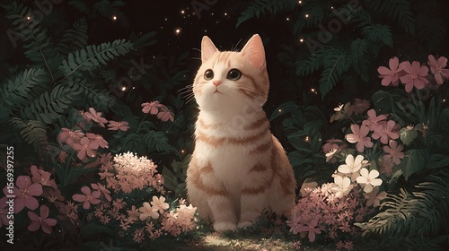 Cute cat sits in garden