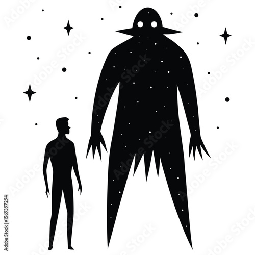 A Lonely Man Faces a Shadowy Giant in a Starry Expanse Confronting Fears and the Unknown