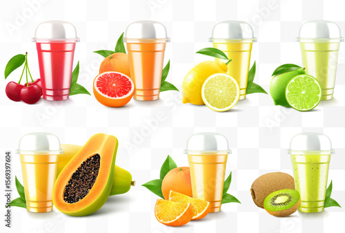 Set of clear plastic cups with juice or smoothie. Cup with sphere dome cap for milkshake, lemonade. Fruity organic shake with different exotic fruits. Fruit cocktail. Realistic 3d vector template