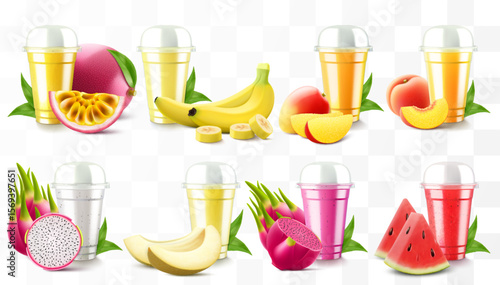 Set of clear plastic cups with juice or smoothie. Cup with sphere dome cap for milkshake, lemonade. Fruity organic shake with different exotic fruits. Fruit cocktail. Realistic 3d vector template