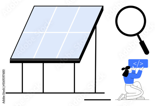 Solar panel illustration alongside magnifying glass and person holding code. Ideal for sustainability, technology, research, innovation, development, clean energy, education, simple landing page