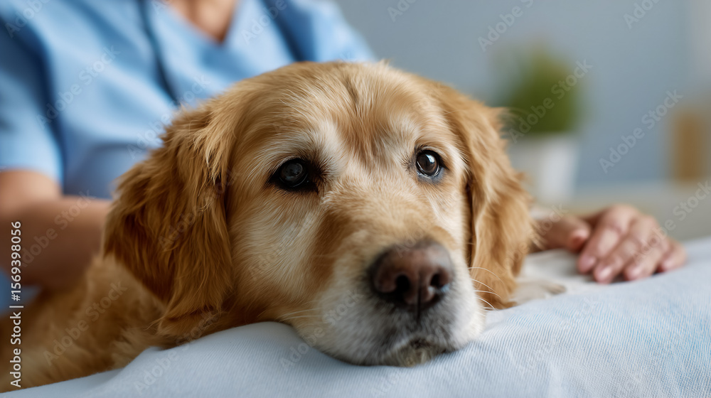 Golden retriever resting comfortably with caregiver in calming indoor environment. Soft lighting enhances tranquil atmosphere, reflecting feelings of care and comfort Golden retriever resting comfortably with caregiver in calming indoor environment. Soft lighting enhances tranquil atmosphere, reflecting feelings of care and comfort