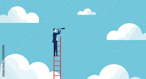 Businessman on a ladder to success through the blue sky and clouds, a vector illustration of an inspiring journey