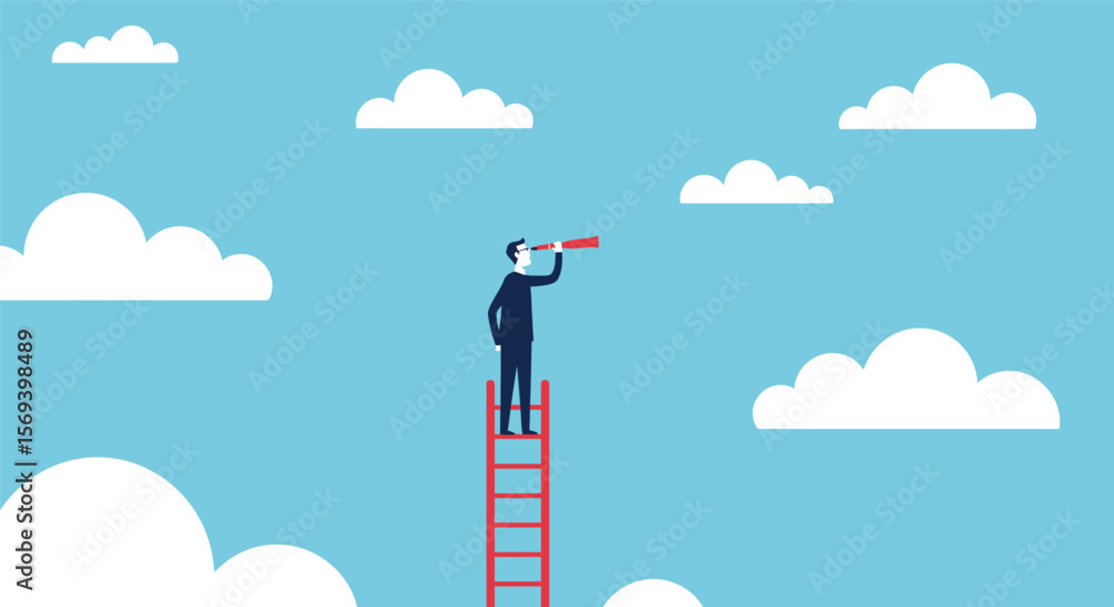 Businessman on a ladder to success through the blue sky and clouds, a vector illustration of an inspiring journey Businessman on a ladder to success through the blue sky and clouds, a vector illustration of an inspiring journey