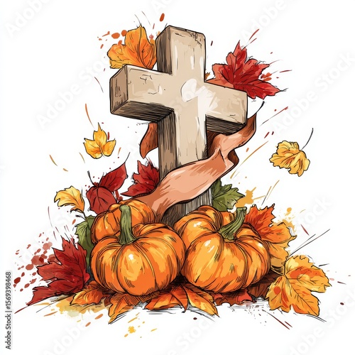 vector illustration of a thanksgiving background with pumpkins and fallen leaves.. a cross surrounded by autumn leaves and pumpkins. a painting of a c