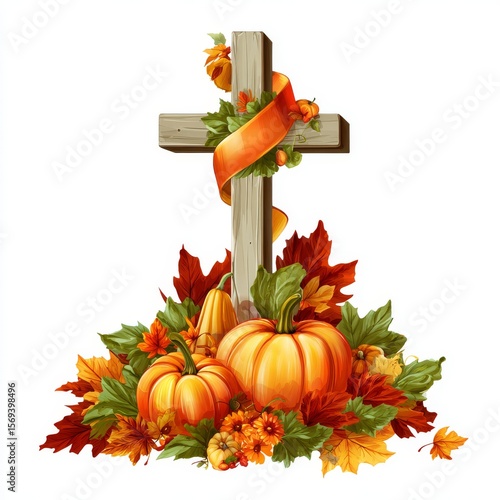 vector illustration of a wooden cross and pumpkins. a cross with pumpkins and leaves. a large red and white frosted cake on a table