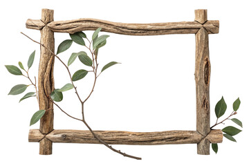 Rustic wooden frame with eucalyptus branches isolated on transparent background
