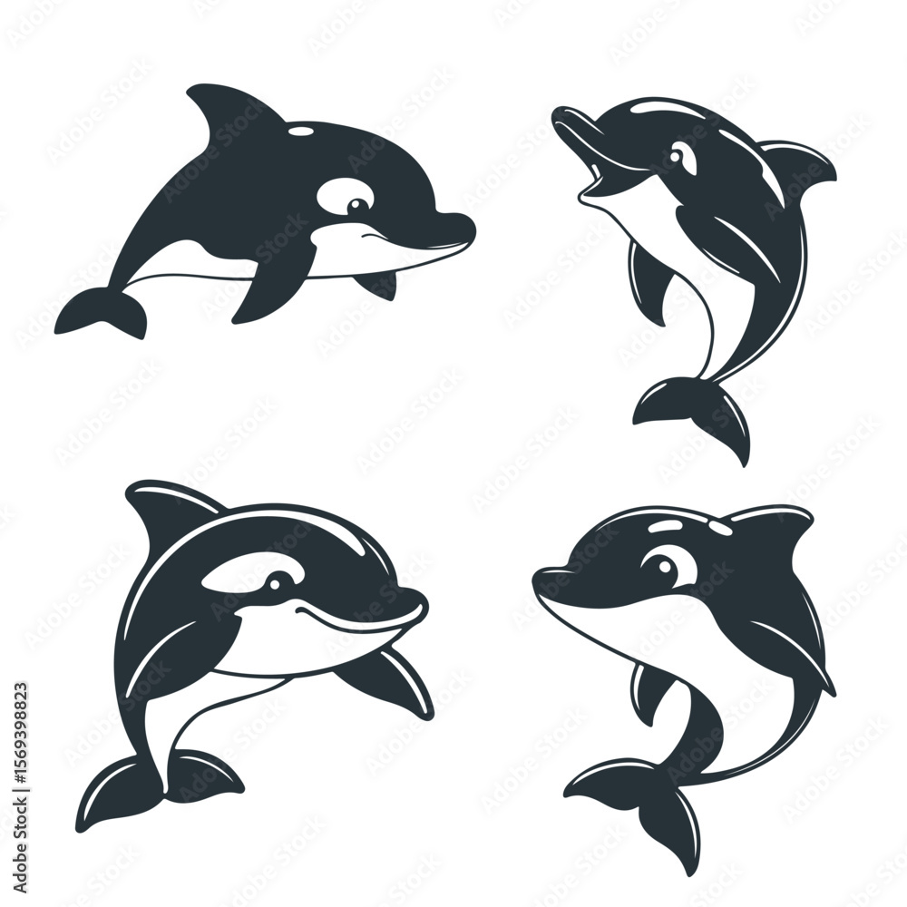 Obraz premium Cartoon dolphin collection, ocean animal illustration, sea life vector, happy marine mammal, black and white drawing
