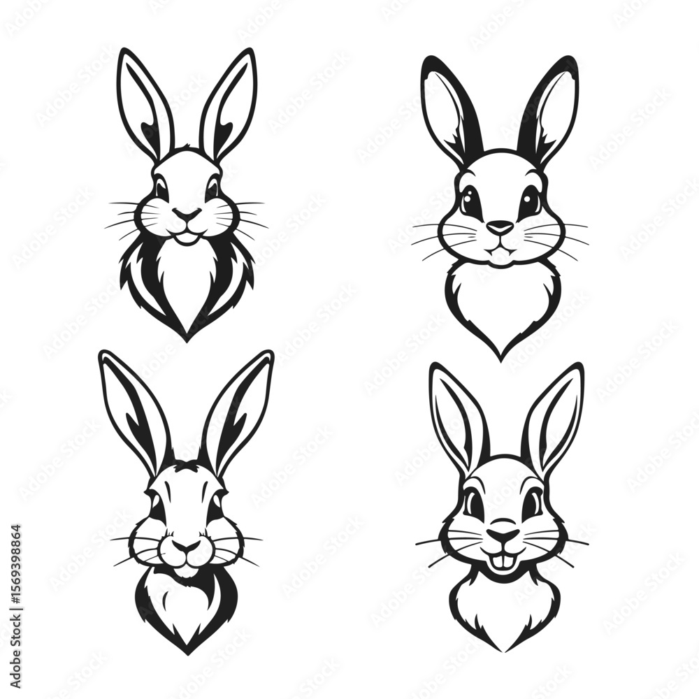Obraz premium Cute cartoon rabbits, bunny illustration, black and white hares, standing bunny drawing, animal character clipart 
