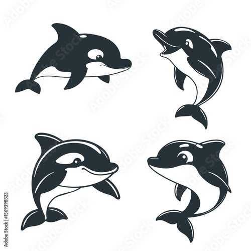 Cartoon dolphin collection, ocean animal illustration, sea life vector, happy marine mammal, black and white drawing