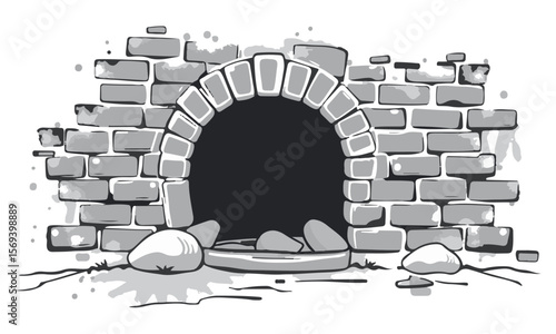 Old stone tunnel, medieval archway, brick cave entrance, vintage stone wall, historic dungeon doorway illustration