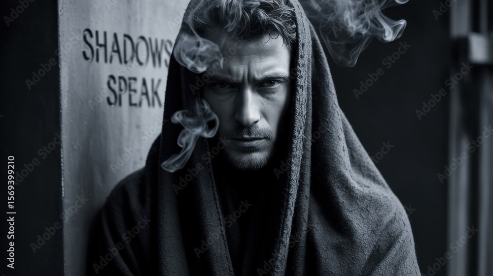 Obraz premium Mysterious young caucasian male cloaked in smoke with intense gaze