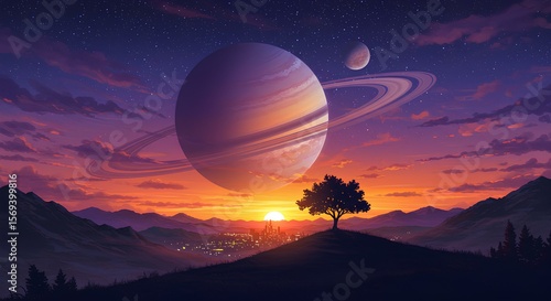 A serene sunset landscape with a ringed planet.