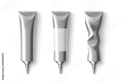Silver metal cream tubes with pointed nozzle tips showing usage - new empty with label space, squeezed twisted form. metallic aluminum cosmetic packaging mockups for cosmetics gel applicators.