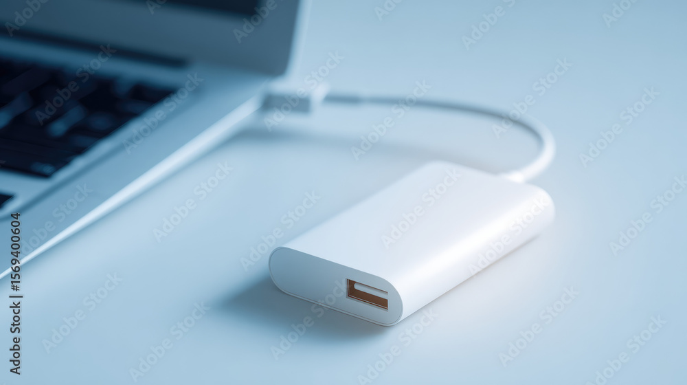 Fototapeta premium Laptop connected to a white USB adapter positioned on a desk. Digital connectivity and technology concept