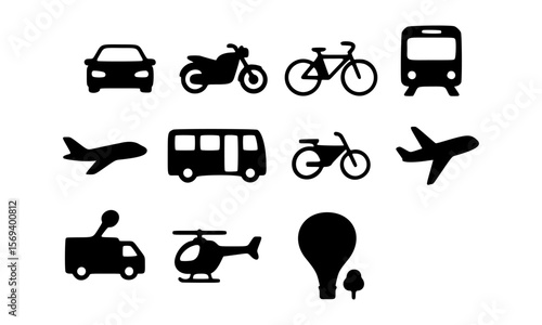 Transportation Icons Car, Plane, Train, Bicycle, and More