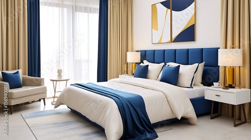A luxurious modern bedroom with a double bed draped in royal blue bedding, soft ivory walls, gold-accented furniture, abstract posters on the wall, and a wide window letting in warm