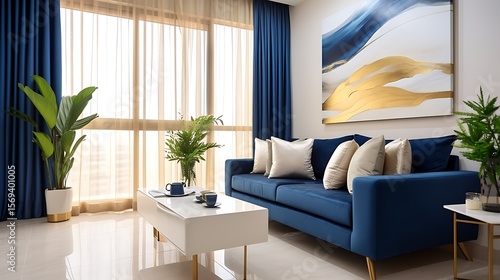 A luxurious modern bedroom with a double bed draped in royal blue bedding, soft ivory walls, gold-accented furniture, abstract posters on the wall, and a wide window 