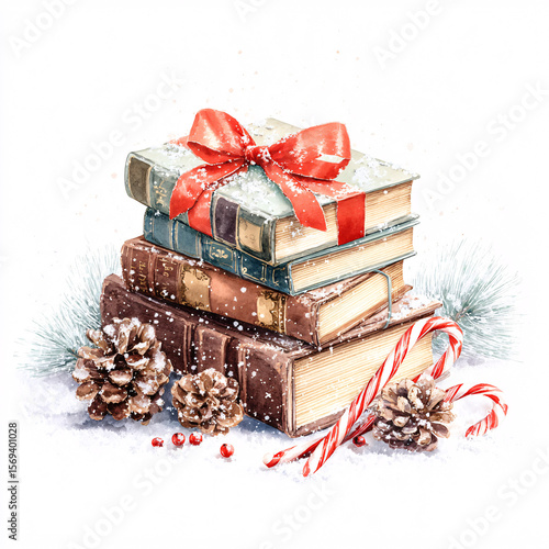 Festive Christmas still life of vintage books tied with a red ribbon, with candy canes and pinecones in the snow. Watercolor illustration.