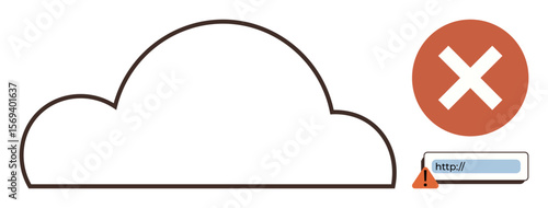 Cloud outline with blocked red circle and cross, URL bar, and error warning. Ideal for data security, online protection, restricted access, internet issues, cybersecurity, tech errors simple flat