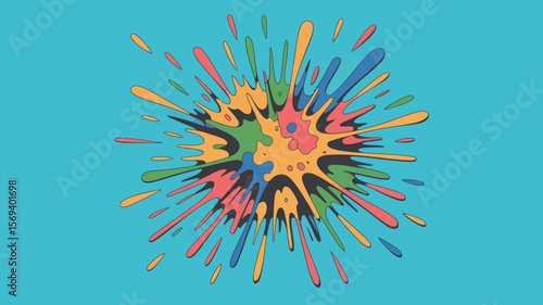 A vibrant explosion of colors radiating outwards on a light blue background with a cartoonish style