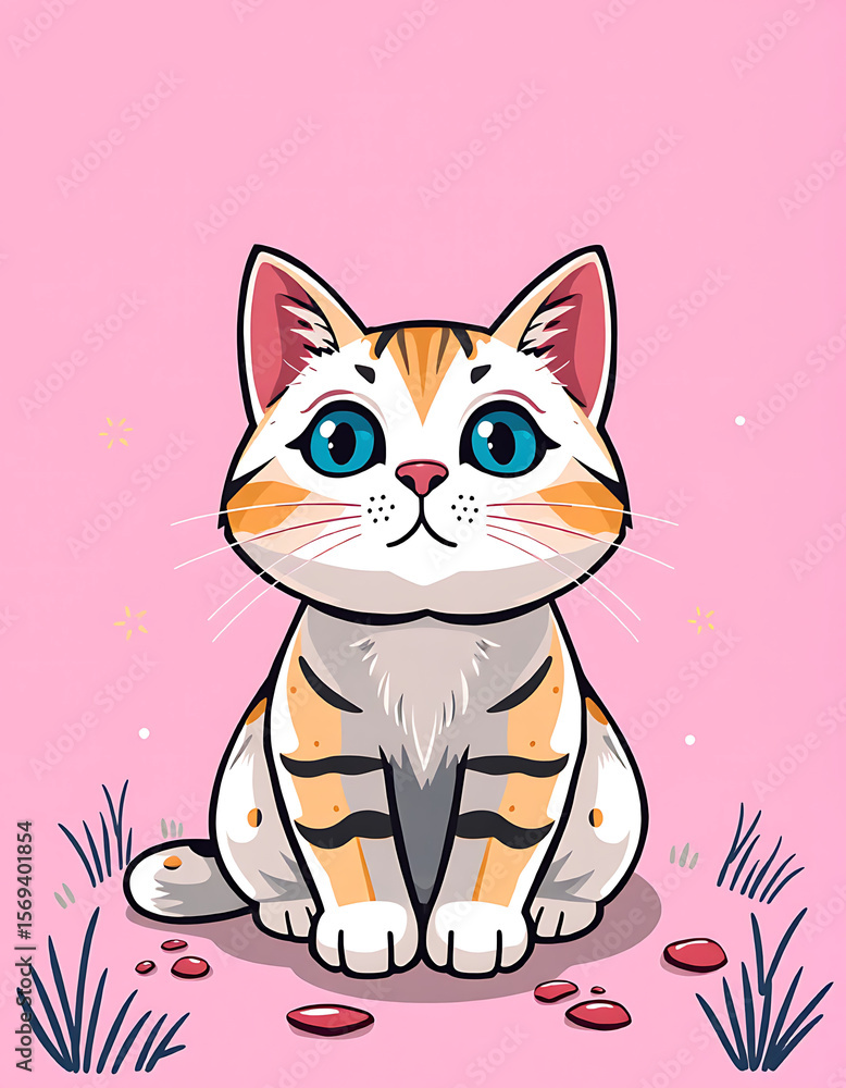 Obraz premium Whimsical Tricolor Cat in Pastel Scene – Playful Feline Illustration for Pet and Children’s Designs