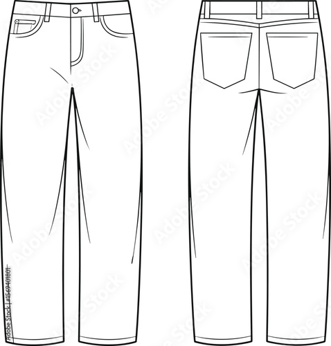 Basic jeans vector, front and back view, denim pants flat sketch, fashion technical drawing, unisex straight fit trousers design flat vector illustration