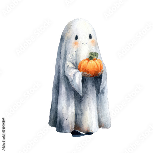 Charming Watercolor Ghost Illustration Holding a Pumpkin, Perfect for Halloween Themes and Seasonal Celebrations