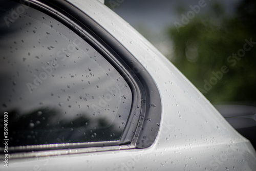 Detailed macro shot of a car's rear side window covered in rain droplets, reflecting a cloudy sky and blurred trees.