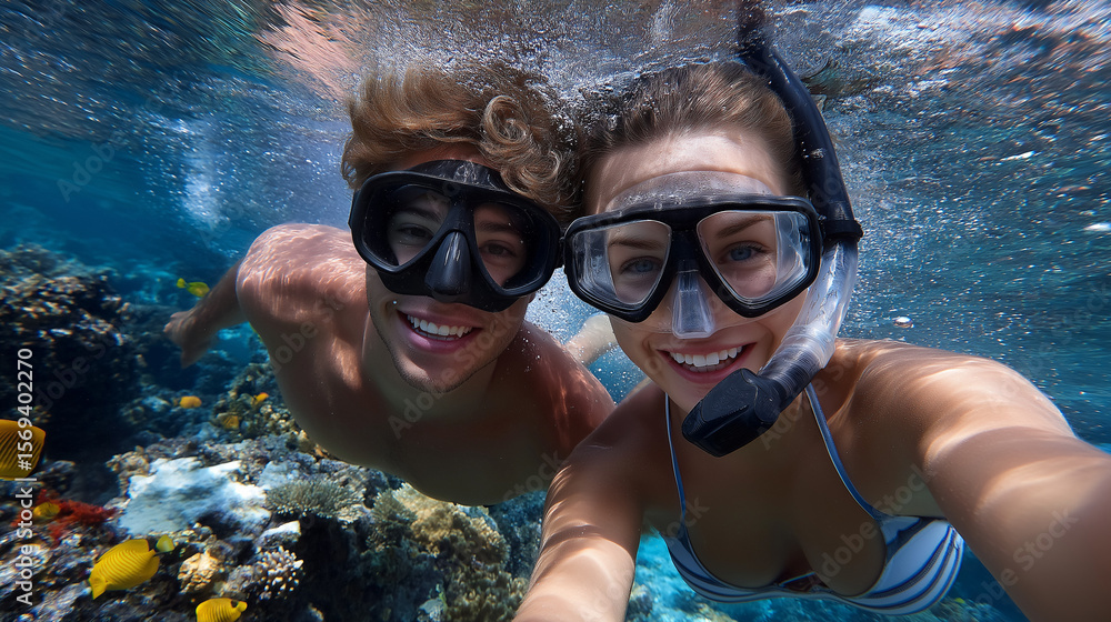 Fototapeta premium Couples snorkeling in a vibrant coral reef awe-inspiring experience