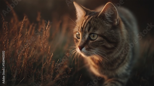 Tabby cat in golden grasses