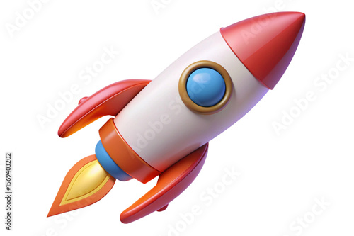 Cute cartoon rocket ship with orange fins and red nose cone isolated on transparent background