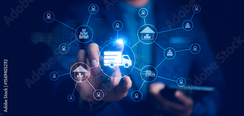 Smart Logistics and Modern Supply Chain Management. A businessman interacts digital ecosystem of parcel delivery, warehousing, and e-commerce, global shipping efficiency. AI, IoT, Big Data, transport.