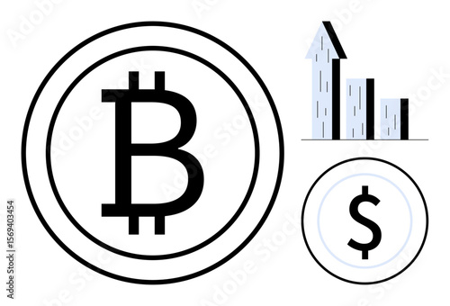 Bitcoin and dollar symbols paired with a rising bar graph visualizing economic trends, cryptocurrency value, finance, investment, data analysis, economic growth, and simple landing page
