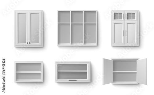 White kitchen cabinet set with open doors and empty shelves - wall mounted storage units with glass panels, wood fronts for modern home organization, pantry furniture or bathroom cupboards interior.
