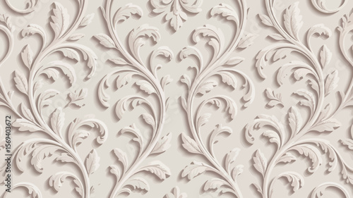 Close up of an ornate beige wallpaper with raised floral and leaf designs and subtle shadows cast