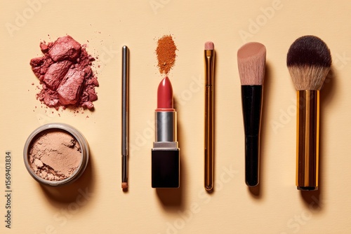 a set of lipsticks on a table. a collection of makeup brushes and powders. a table topped with lots of different types of items