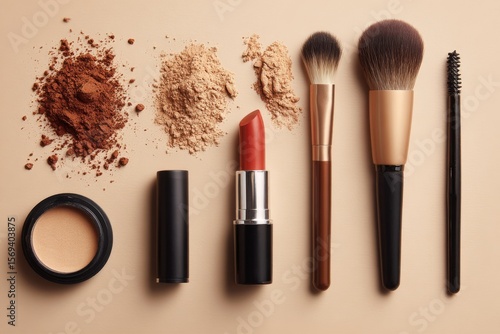make - up brushes on a beige background. various makeup brushes and powders on a beige background. a table topped with lots of different types of tool