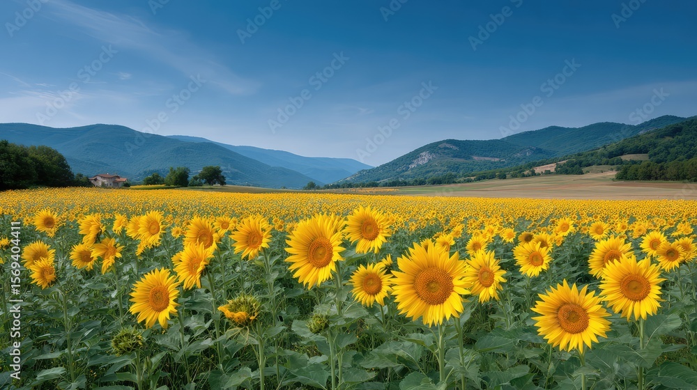 Fototapeta premium Vast Field of Vibrant Sunflowers Under a Bright Sky Surrounded by Majestic Mountains in the Distance, Capturing Nature’s Beauty and Serenity in Full Bloom