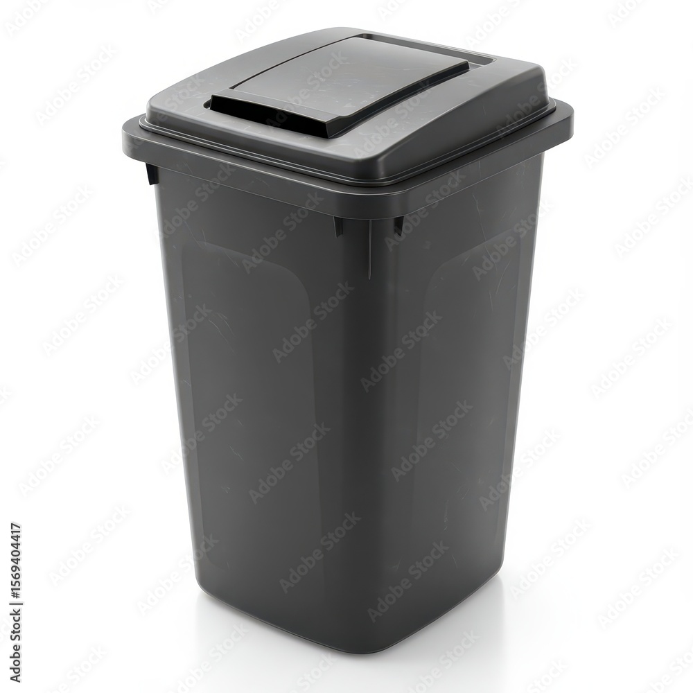 Black plastic trash bin with flip-top lid for indoor or outdoor waste disposal, home and commercial garbage container Black plastic trash bin with flip-top lid for indoor or outdoor waste disposal, home and commercial garbage container