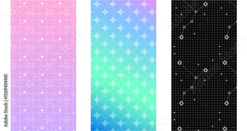 Y2K star pattern set with vibrant backgrounds - pastel colors gradient panel with rows of sparkles and starbursts, black bg with cosmic constellation chains. Retro digital aesthetic, dreamy wallpapers