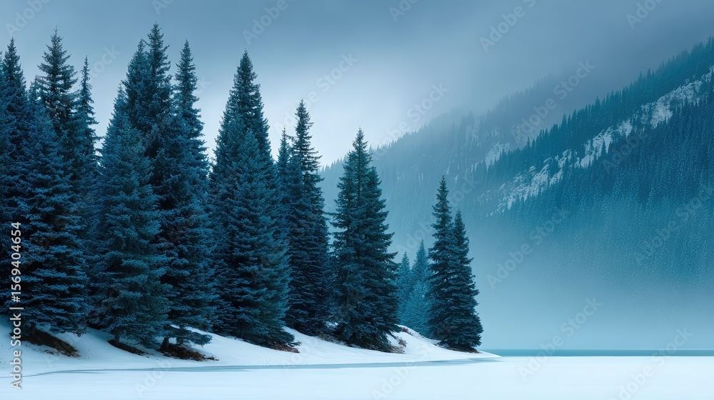 Fototapeta premium Tranquil Winter Landscape Featuring Snow-Covered Trees and Fog Rolling Over a Serene Lake Surrounded by Majestic Mountains in a Peaceful Natural Setting