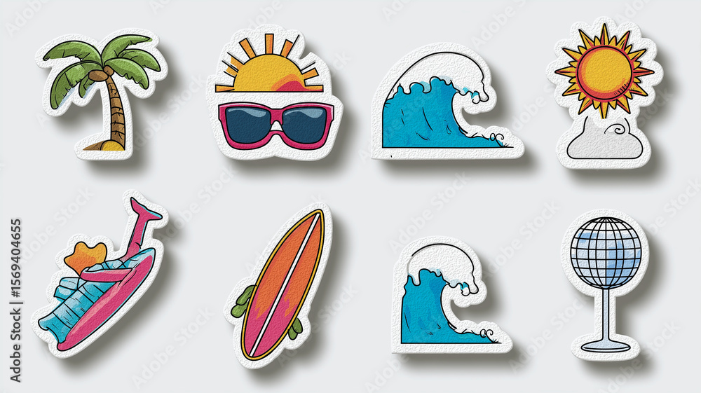 Fototapeta premium Set of colorful summer themed icons featuring palm tree, sun with sunglasses, ocean waves, and surfboard, all in playful cut out style