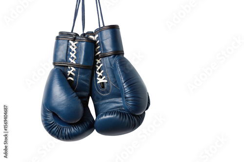 Pair of blue leather boxing gloves hanging isolated on transparent background