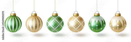 Christmas tree bauble set in 3d glass style with decorative patterns - striped, plaid, geometric and dotted ornaments hanging on golden strings, colorful holiday decorations for festive designs.