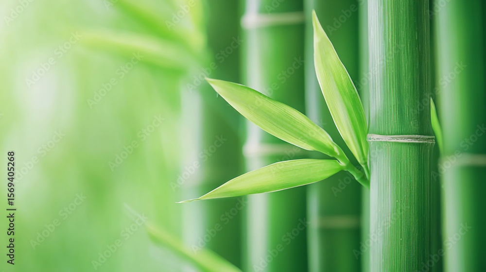 Obraz premium Close-up of vibrant green bamboo stalks with fresh leaves against a soft, blurred green background.