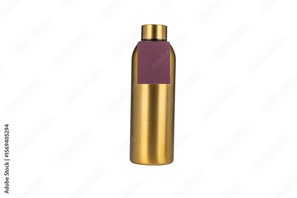 Smooth gold thermos bottle with matte purple label on front, isolated on transparent background. The bottle has a glossy finish and a minimalist design. Smooth gold thermos bottle with matte purple label on front, isolated on transparent background. The bottle has a glossy finish and a minimalist design.