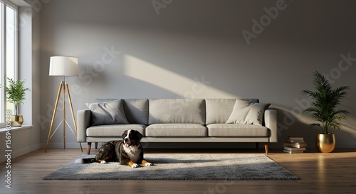 穏やか陽光 可愛い犬 灰色ソファ 静かなリビング