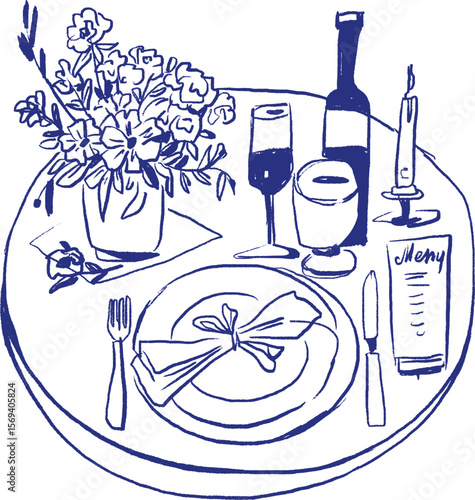 Romantic Dinner Table Setting with Wine, Candles and Flowers. Hand Drawn Line Illustration for Wedding Invitations, Menus, Love-Themed Cards and Restaurant Branding
